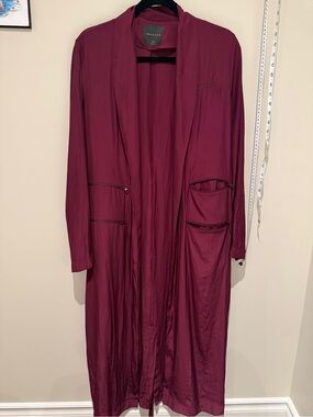 Theory+ Burgundy Long Duster Cardigan Open Front Zip Pocket Petite P